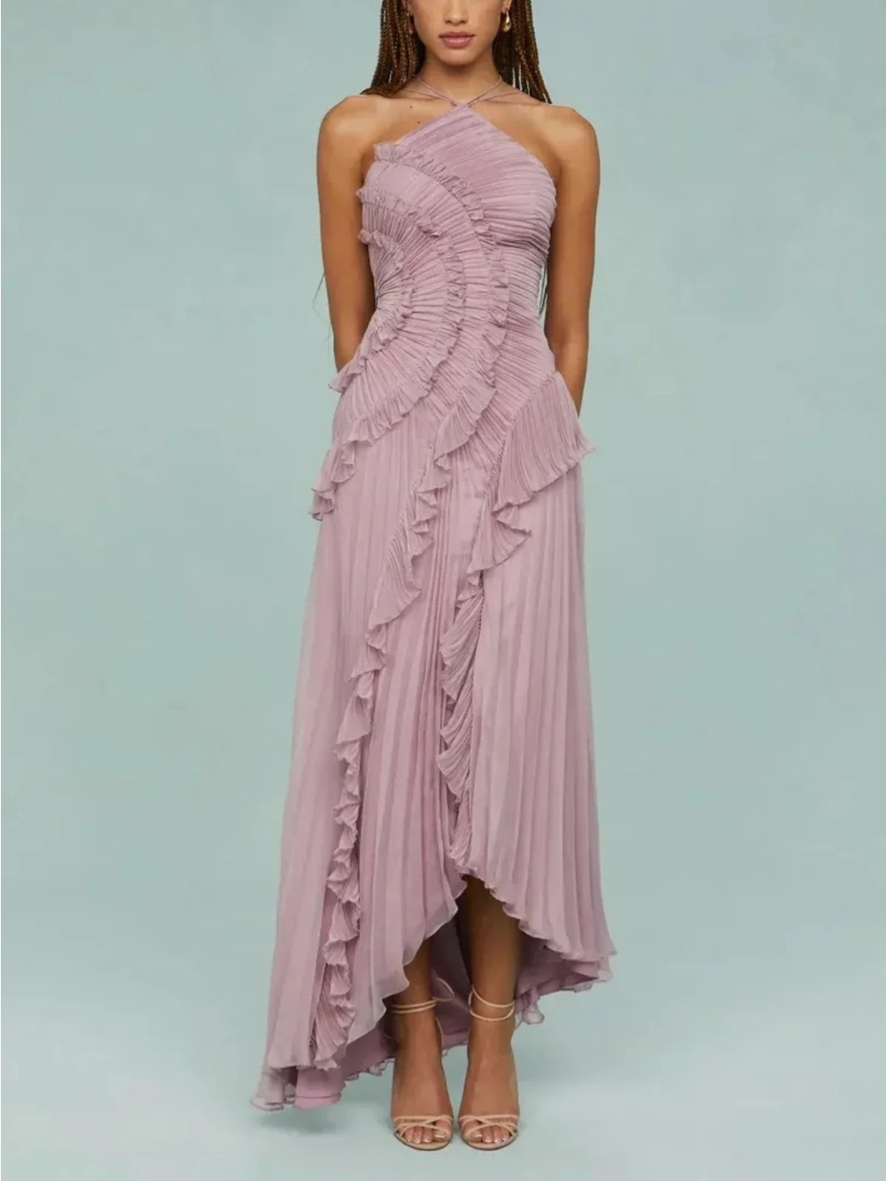 Women's Lavender Pleated Ruffle Halter Dress